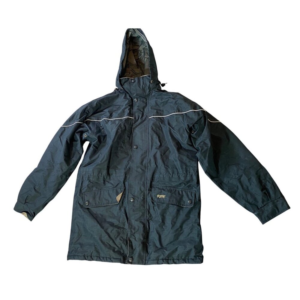 Original Puffa Waterproof Jacket Black Hooded Fleece Lining Mens Large